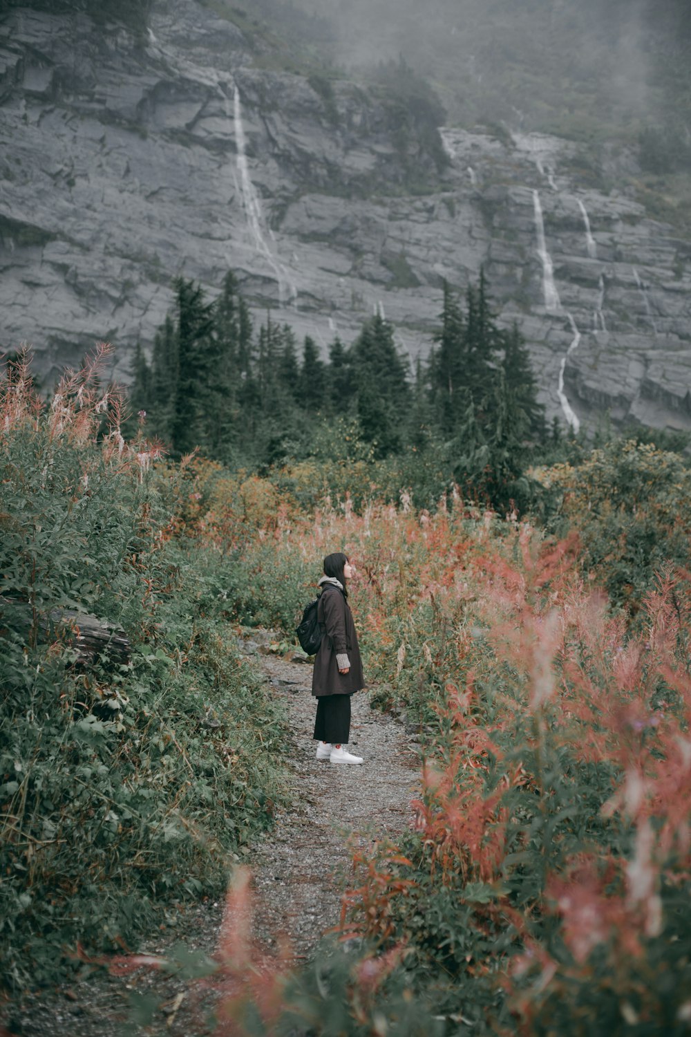 Mujer con abrigo negro de pie en el campo de hierba marrón durante el día