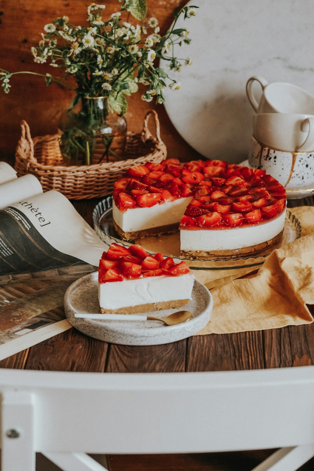 sliced bread with sliced strawberries on brown wooden chopping board