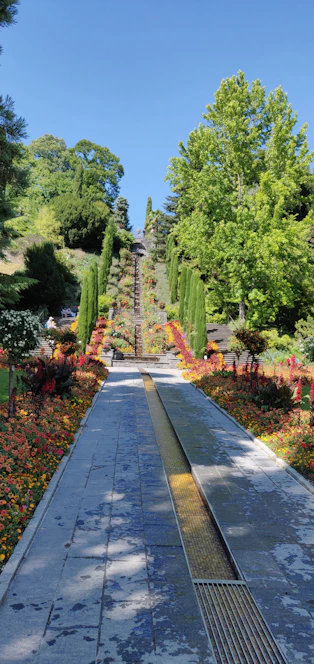 A beautifully landscaped garden with vibrant flowers, neatly trimmed bushes, and a stone pathway under a clear blue sky.