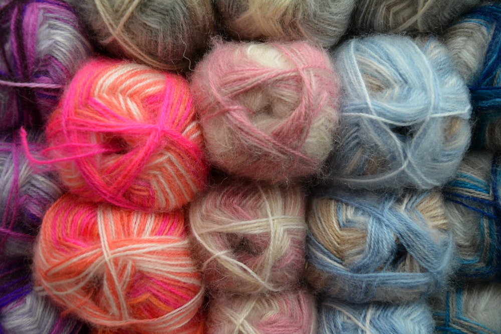 pink blue and white yarn