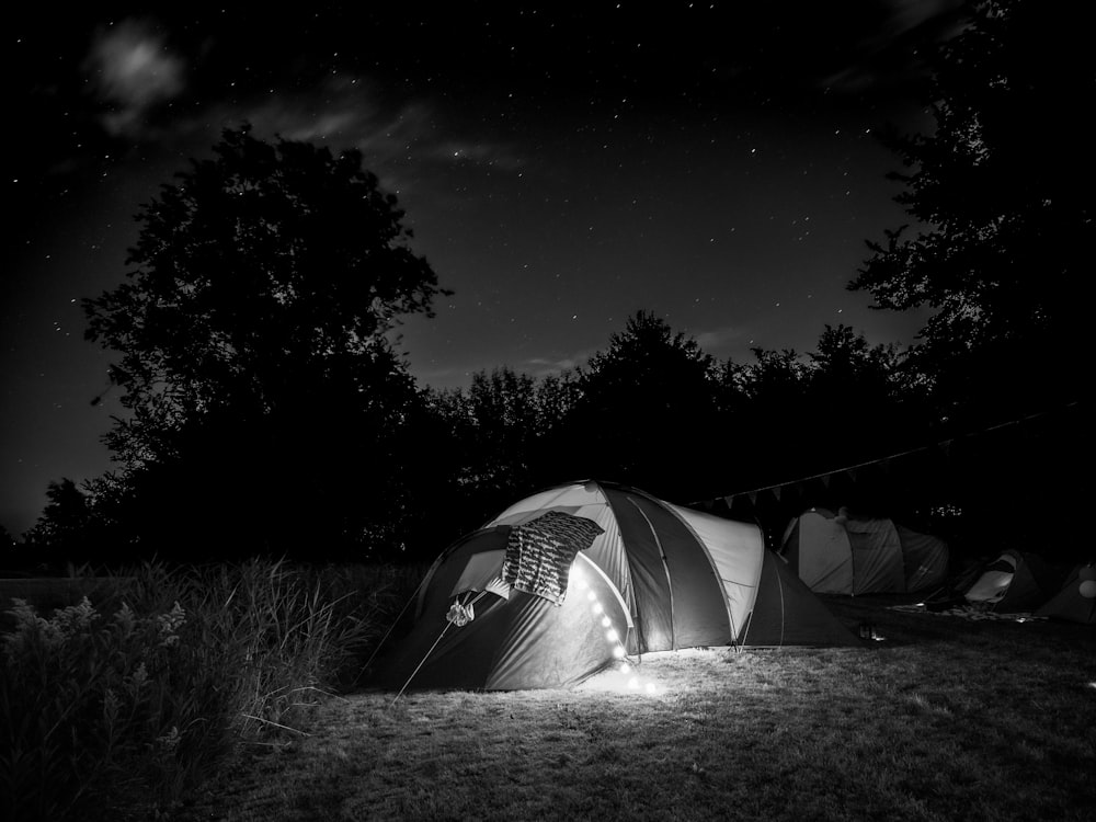 gray tent on green grass field during night time