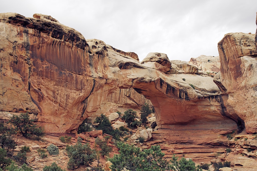 brown rock formation under white sky during daytime