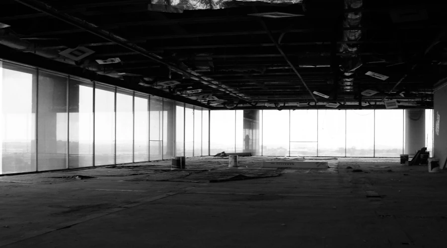 Grayscale view of a modern building facade