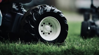 Close-up of a large black tire with a white rim resting on lush green grass. The tire treads are visible, emphasizing its texture and ruggedness. The background is blurred, focusing the attention on the tire and grass.