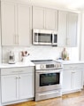 white microwave oven on white wooden cabinet