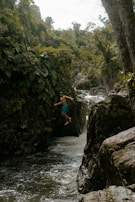 An adventurous platformer game character jumping over obstacles in a jungle setting.