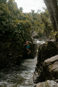 A person is mid-air in a leap over a narrow stream with lush green vegetation and rocky formations surrounding the area. The water appears to be flowing through a small gorge under a canopy of dense trees. The scene reflects a sense of adventure and exploration.