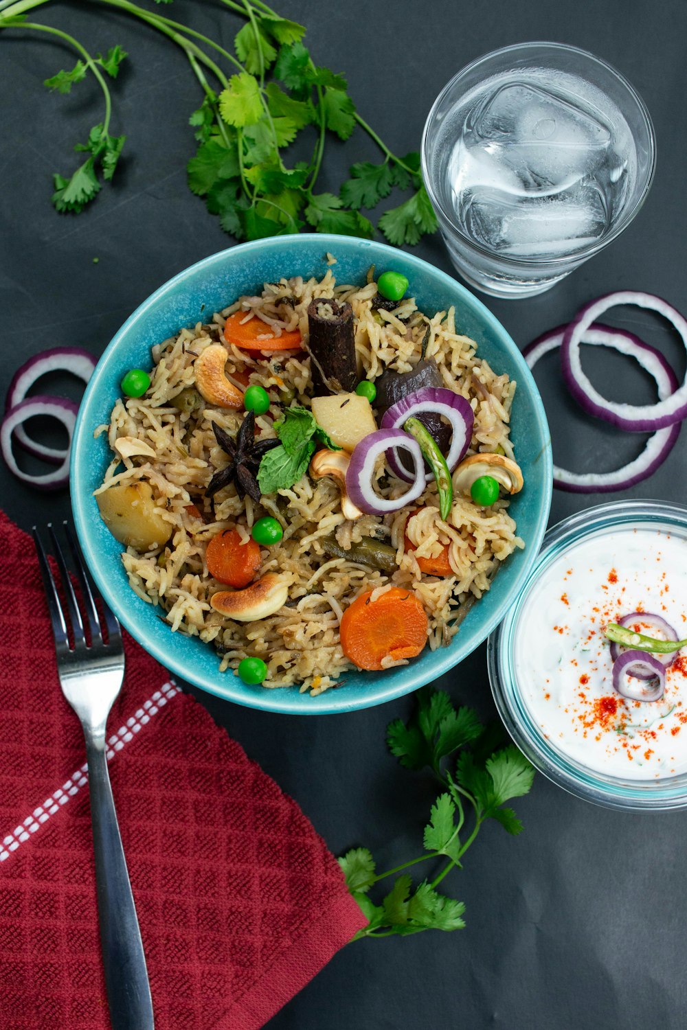 blue ceramic bowl with food