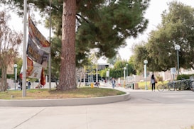 A campus scene featuring a large tree, several flags on poles, and people walking along a paved pathway. Bicycles are parked near a bike rack, and the area is surrounded by lush greenery with numerous trees. A modern building with large glass windows is visible in the background.