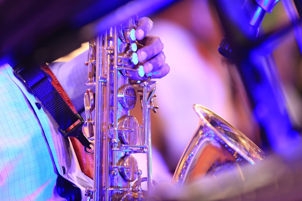 brass saxophone in close up photography