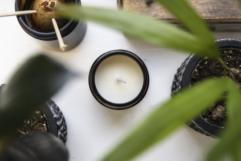 a white candle sitting on top of a table next to a potted plant