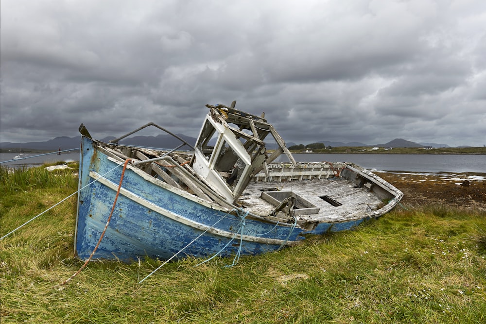 blue and white boat on green grass field during daytime