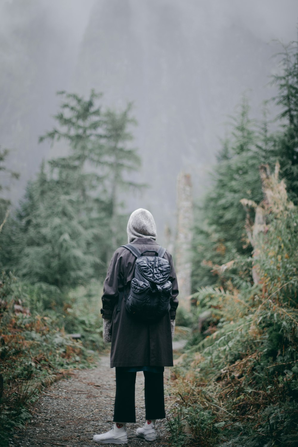 person in black jacket and gray backpack standing on gray rock in front of green trees