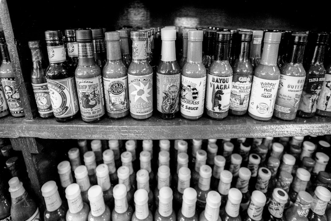 French Quarter store with lots of hot sauces, perfect in black and white film.