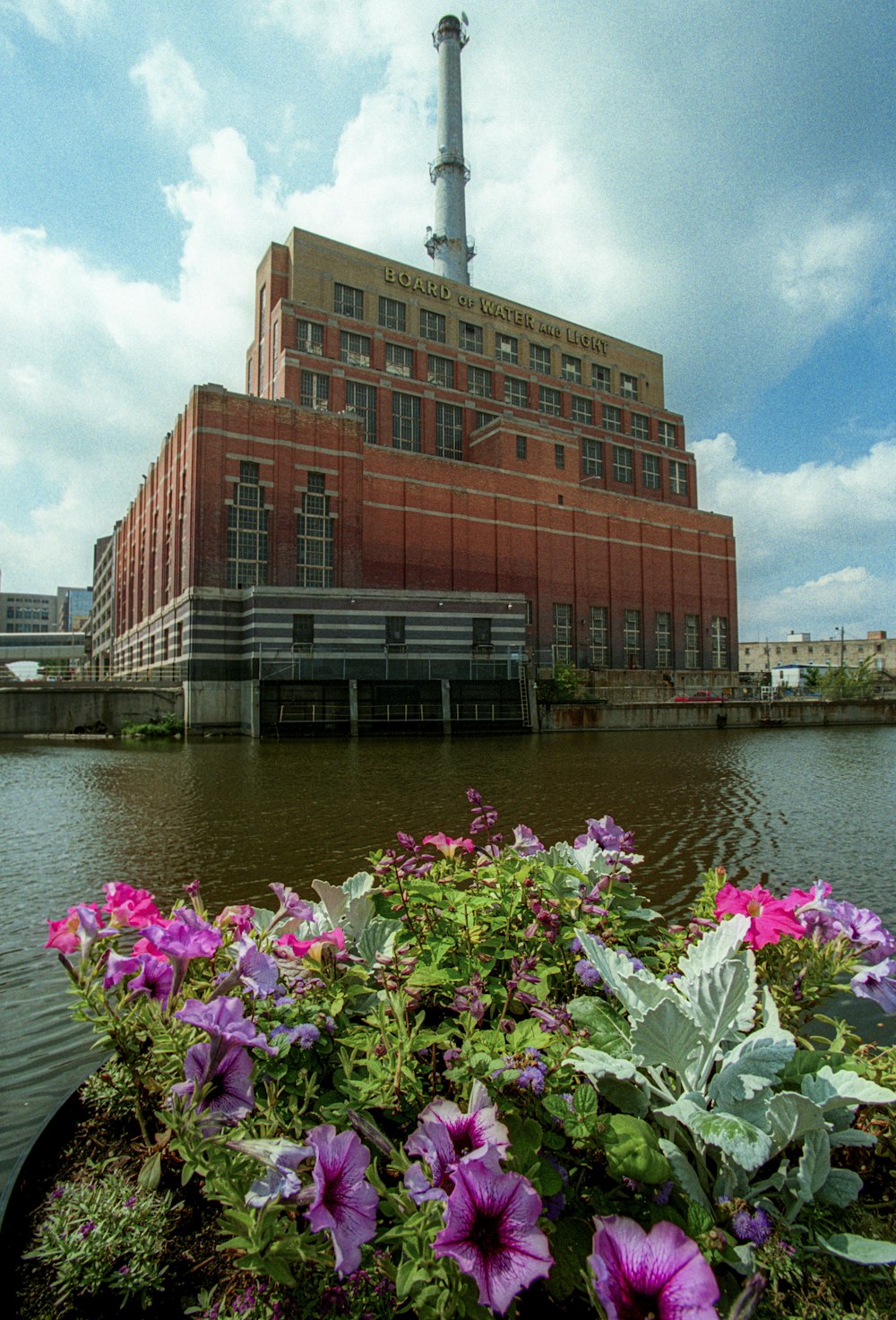 昼間の川沿いの茶色と黒のコンクリートの建物