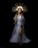 A person with long, braided hair stands gracefully, wearing a flowing, translucent gown. A decorative crown with golden spikes and pink roses encircles the head, creating an ethereal and majestic appearance. The background is completely black, highlighting the subject.