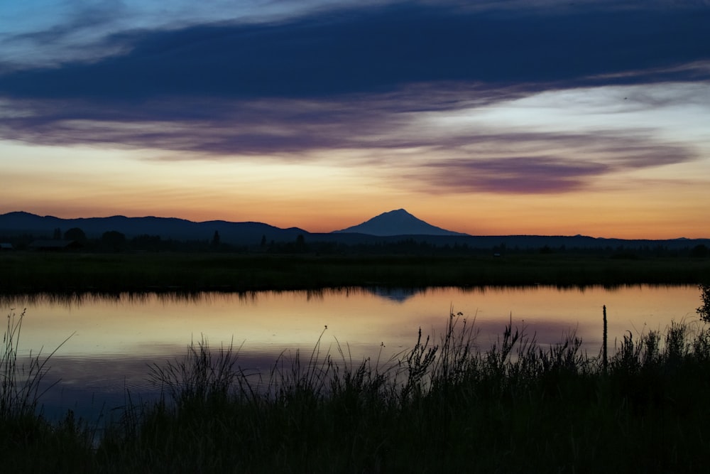 green grass near lake during sunset