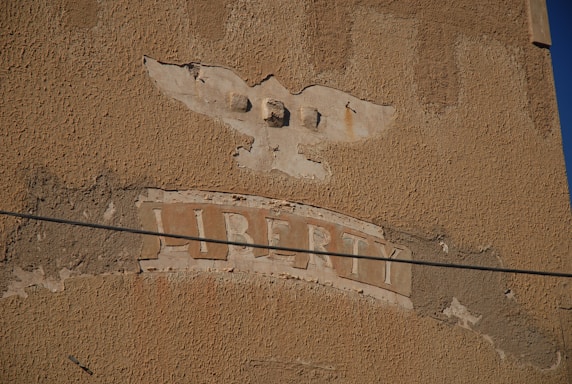 A weathered wall with an embossed eagle at the top and the word 'LIBERTY' engraved beneath it. The surface appears rough and aged, with patches of peeling and fading texture. A dark wire runs horizontally across the image.