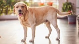A golden Labrador retriever stands indoors on a shiny floor with its tongue out. There are blurred green plants in the background, and the sunlight creates a warm, inviting atmosphere.