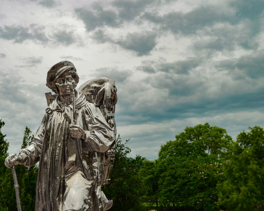 statue of man holding book under cloudy sky during daytime