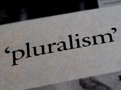 The word 'pluralism' is printed in bold black text on a textured, light-colored background. The texture of the paper and the sharpness of the text are in focus.