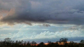 A landscape featuring dramatic clouds in varying shades of gray and blue across the sky. Below, a silhouette of trees lines the horizon, with hints of deep orange and red suggesting a sunset. The clouds exhibit a mix of textures, from fluffy to dense and ominous.