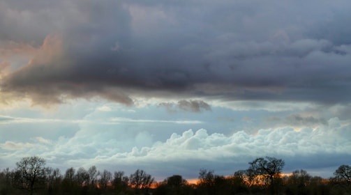 A landscape featuring dramatic clouds in varying shades of gray and blue across the sky. Below, a silhouette of trees lines the horizon, with hints of deep orange and red suggesting a sunset. The clouds exhibit a mix of textures, from fluffy to dense and ominous.