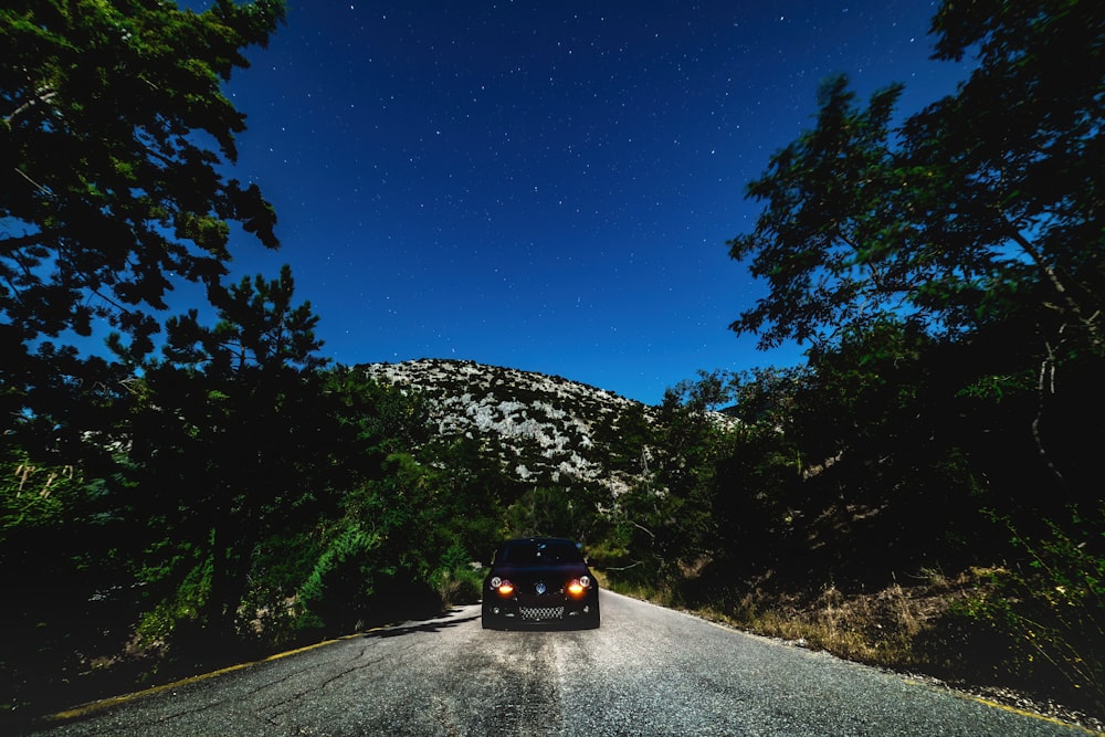 black car on road between trees during daytime