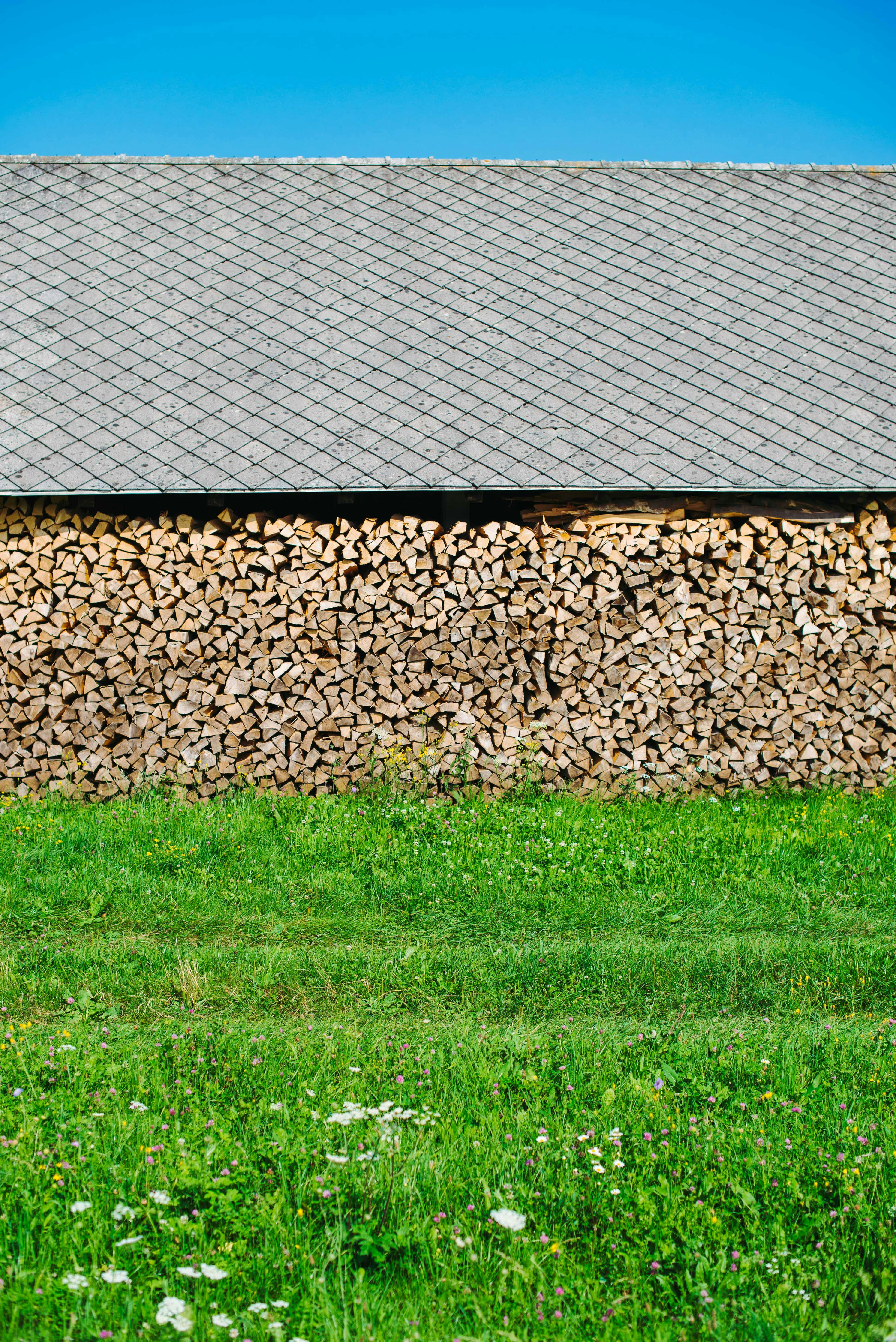 green grass field near gray brick wall