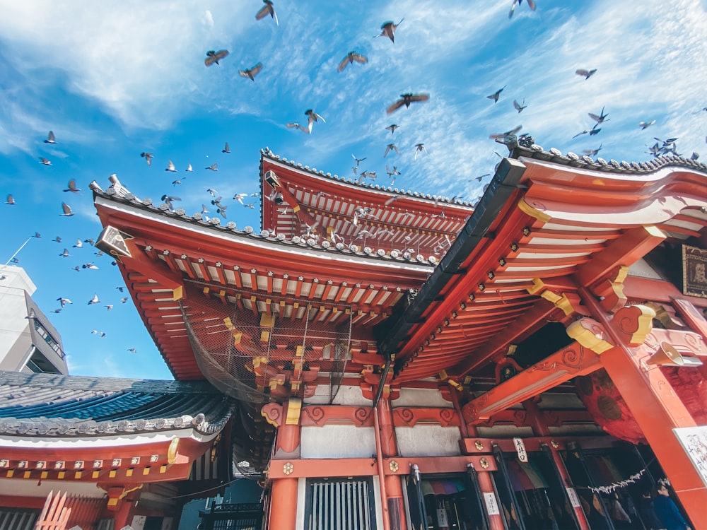 昼間の青空と白い雲の下に茶色と白のコンクリートの建物