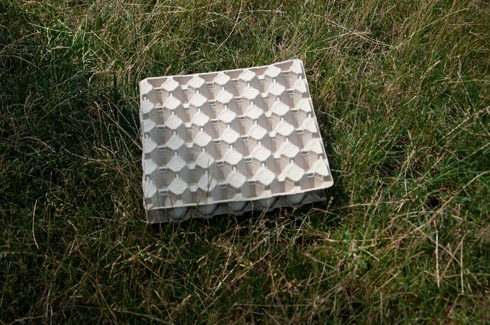 white and gray checkered textile on green grass
