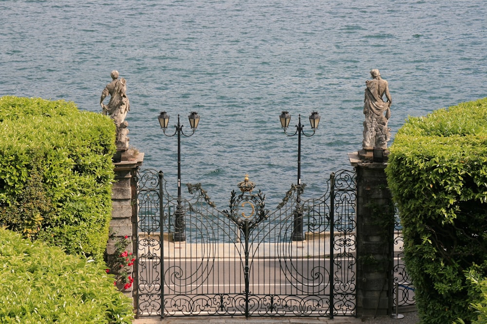 black metal fence near body of water during daytime