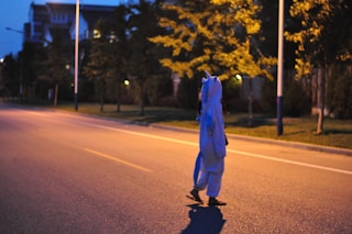 man in blue jacket and black pants walking on road during daytime