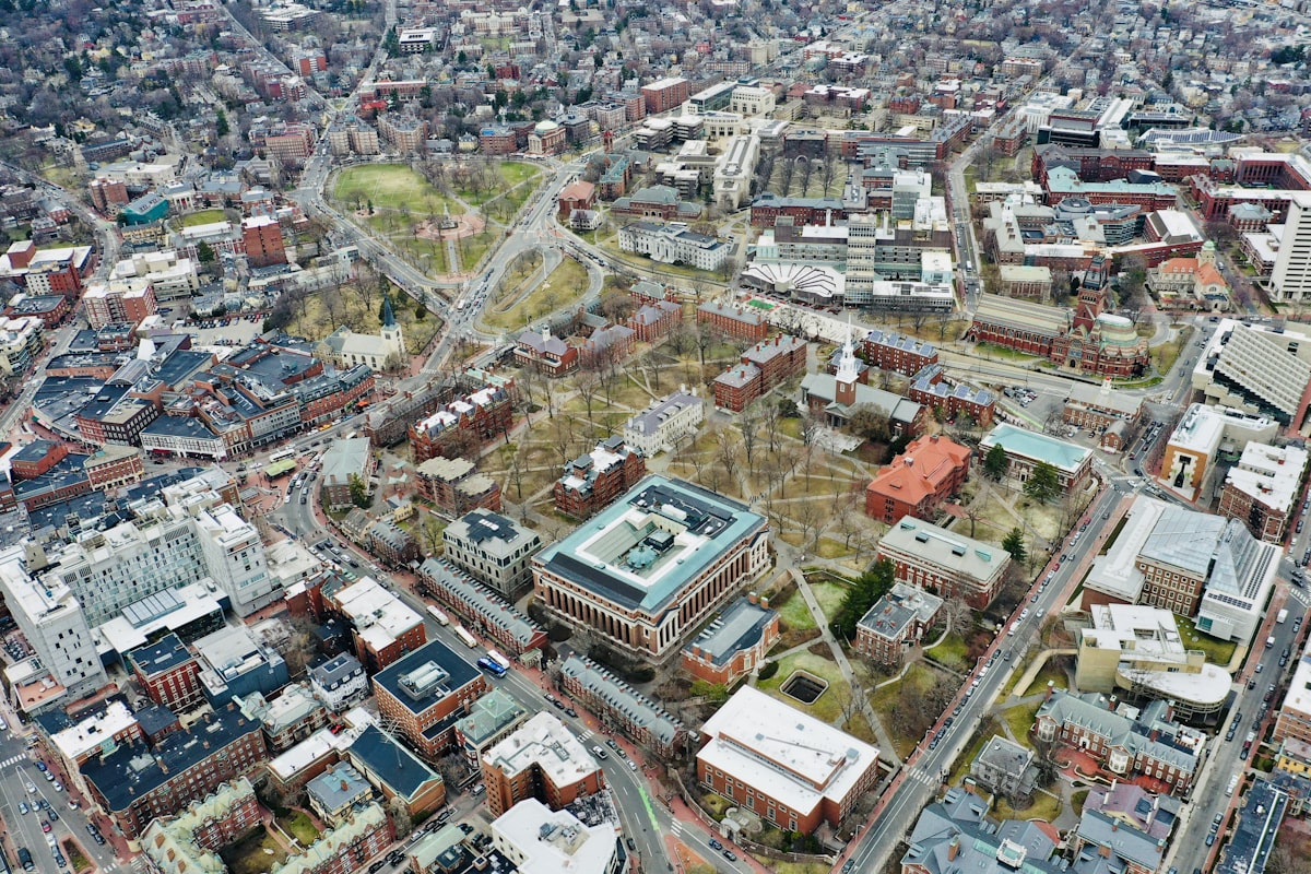 Aerial view of Cambridge Massachusetts streets and buildings