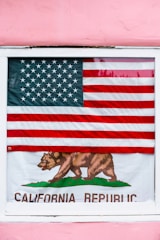 An American flag is displayed outside a window, partially covering a California Republic flag. The American flag has red and white stripes with a blue field of white stars. The California Republic flag features a bear walking on green grass and the text 'California Republic'. The background is a pink wall.