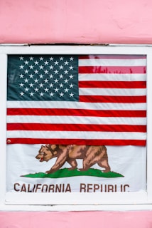 An American flag is displayed outside a window, partially covering a California Republic flag. The American flag has red and white stripes with a blue field of white stars. The California Republic flag features a bear walking on green grass and the text 'California Republic'. The background is a pink wall.