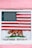 An American flag is displayed outside a window, partially covering a California Republic flag. The American flag has red and white stripes with a blue field of white stars. The California Republic flag features a bear walking on green grass and the text 'California Republic'. The background is a pink wall.