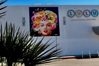 A colorful mural of a woman's face wearing a headdress made of vibrant flowers is displayed on a white tiled wall of a building. The building also features a sign for a bistro named 'Lulu'. In the foreground, spiky plant leaves are slightly silhouetted against the lighter wall.