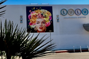 A colorful mural of a woman's face wearing a headdress made of vibrant flowers is displayed on a white tiled wall of a building. The building also features a sign for a bistro named 'Lulu'. In the foreground, spiky plant leaves are slightly silhouetted against the lighter wall.