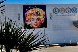 A colorful mural of a woman's face wearing a headdress made of vibrant flowers is displayed on a white tiled wall of a building. The building also features a sign for a bistro named 'Lulu'. In the foreground, spiky plant leaves are slightly silhouetted against the lighter wall.