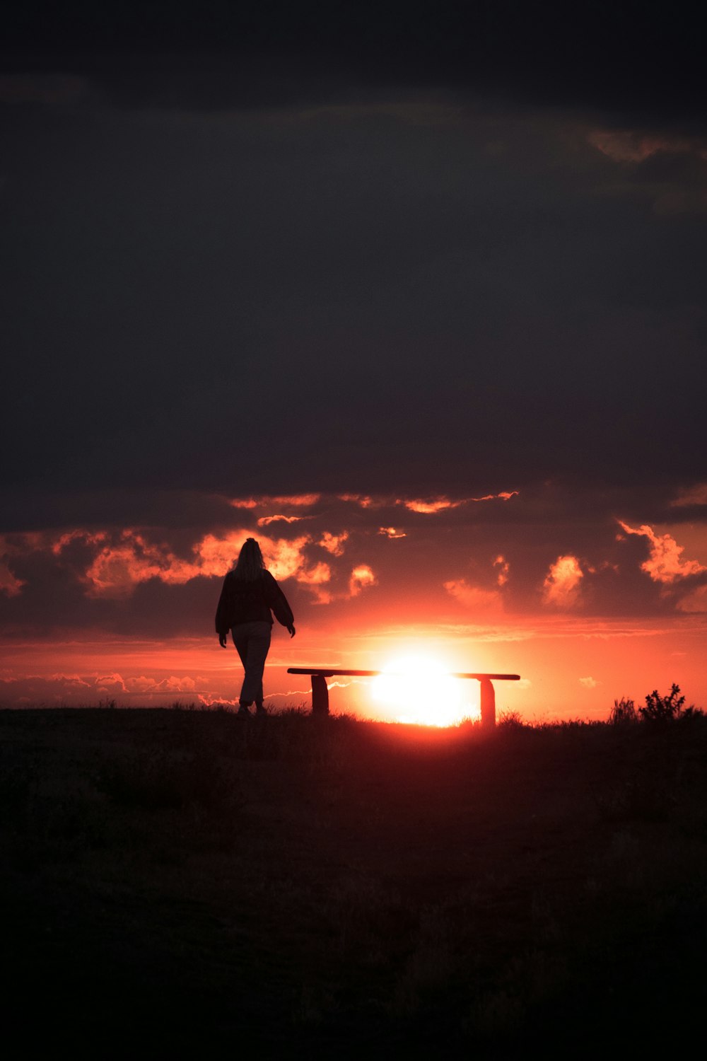 silhouette of woman standing on grass field during sunset