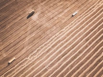 Aerial view of agricultural fields with distinct parallel lines indicating harvested areas. Two vehicles are present, possibly farm equipment, casting shadows on the textured landscape.
