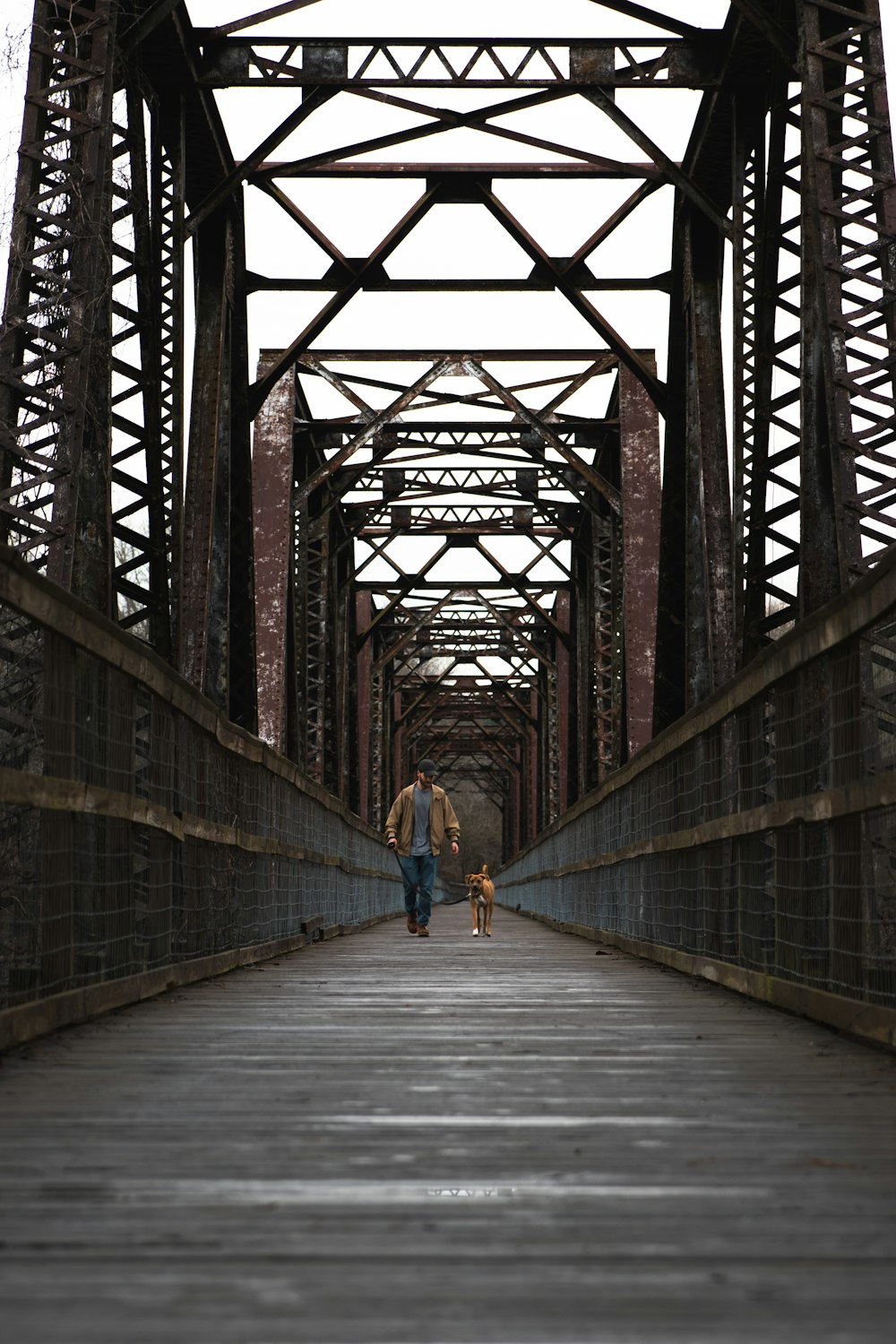 person walking on wooden bridge
