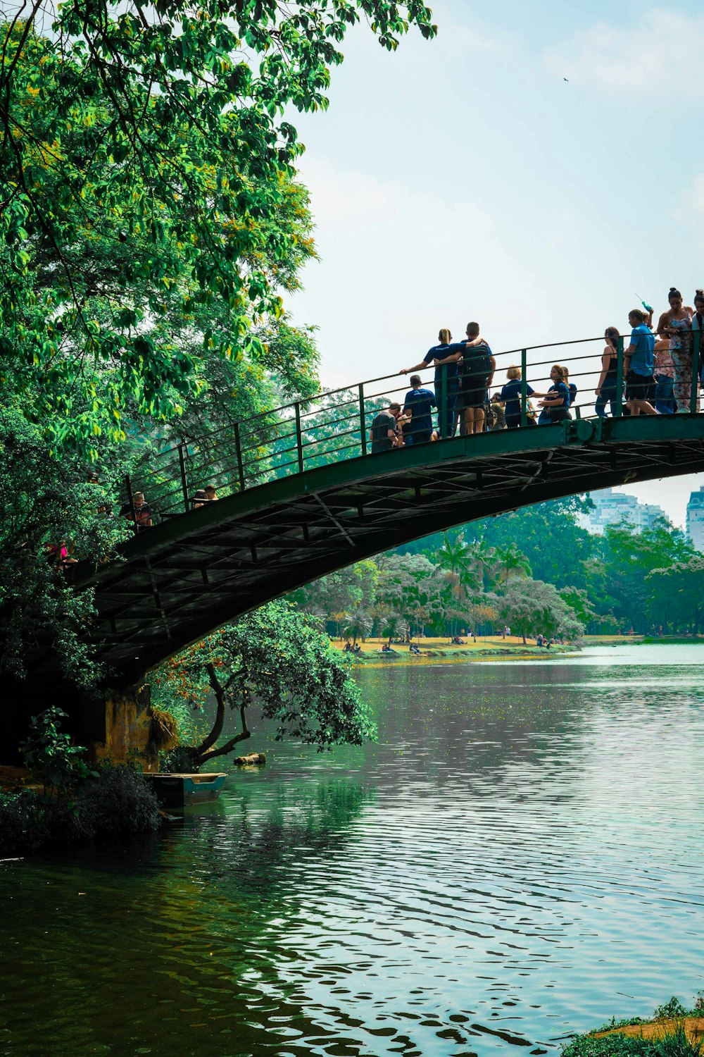 昼間、川に架かる橋の上を歩く人々