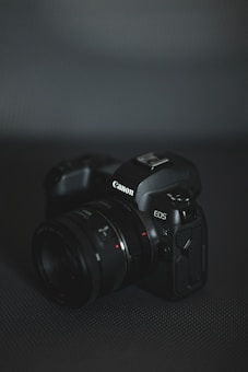 A Canon EOS camera is positioned on a dark textured surface with a focus on its lens and branding. The lighting is dim, giving a moody and professional feel.