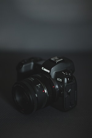 A Canon EOS camera is positioned on a dark textured surface with a focus on its lens and branding. The lighting is dim, giving a moody and professional feel.