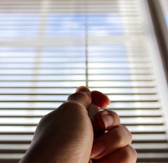 persons left hand near window blinds