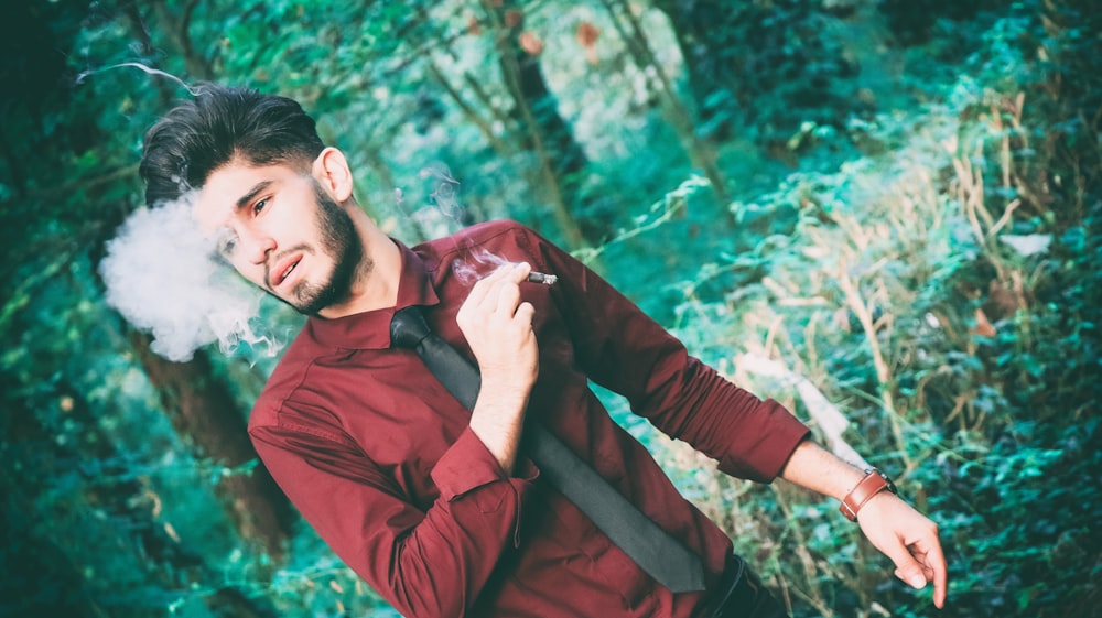 man in red dress shirt