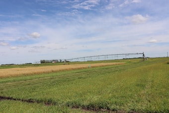 A vast agricultural field stretches out under a blue sky with a few scattered clouds. The landscape includes a grassy foreground, a section of golden wheat, and a green crop area. In the middle ground, a center pivot irrigation system extends horizontally across the farmland. The horizon is lined with trees and a small red-roofed structure is visible in the distance.