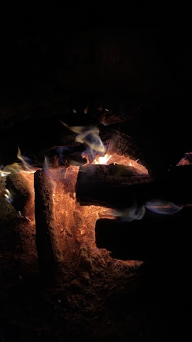 A close-up of flickering flames casting warm light on wooden logs.